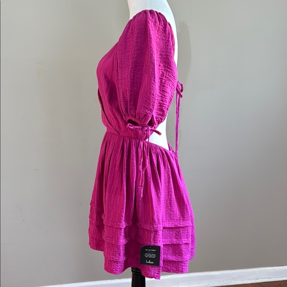 Lulu's Always Precious Magenta Puff Sleeve Tiered Tie Back Mini Dress Size L - Picture 10 of 13